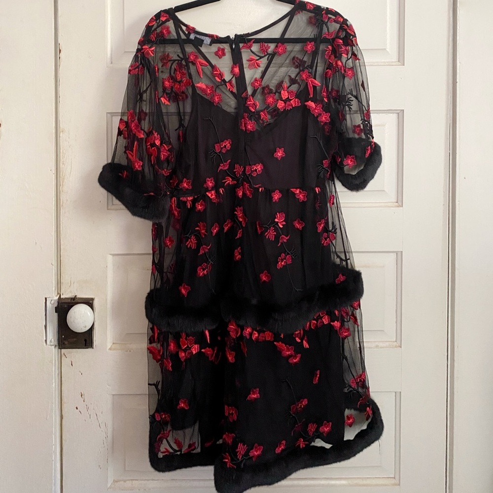 ASOS embroidered mini smock dreck with faux fur trims - Picture 6 of 6